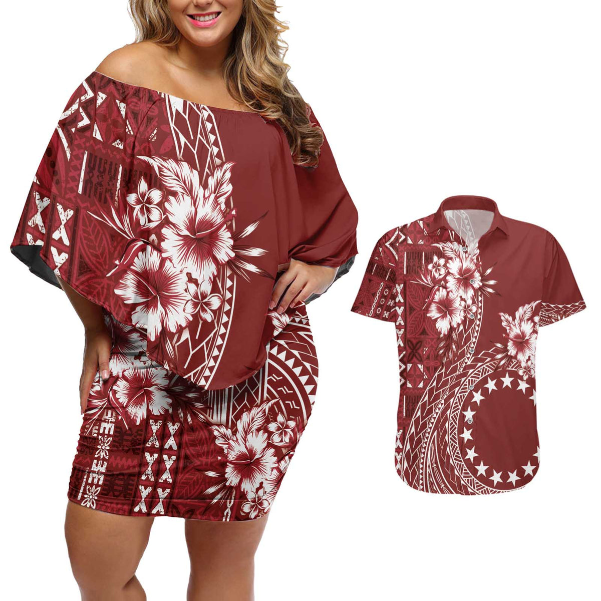 Kia Orana Cook Islands Couples Matching Off Shoulder Short Dress and Hawaiian Shirt Tiare and Stars - Scarlet LT7 Red - Polynesian Pride