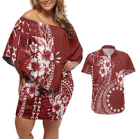 Kia Orana Cook Islands Couples Matching Off Shoulder Short Dress and Hawaiian Shirt Tiare and Stars - Scarlet LT7 Red - Polynesian Pride
