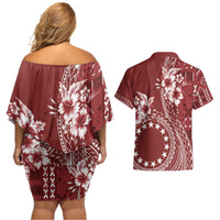 Kia Orana Cook Islands Couples Matching Off Shoulder Short Dress and Hawaiian Shirt Tiare and Stars - Scarlet LT7 - Polynesian Pride