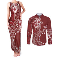Kia Orana Cook Islands Couples Matching Tank Maxi Dress and Long Sleeve Button Shirt Tiare and Stars - Scarlet LT7 Red - Polynesian Pride
