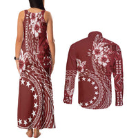 Kia Orana Cook Islands Couples Matching Tank Maxi Dress and Long Sleeve Button Shirt Tiare and Stars - Scarlet LT7 - Polynesian Pride