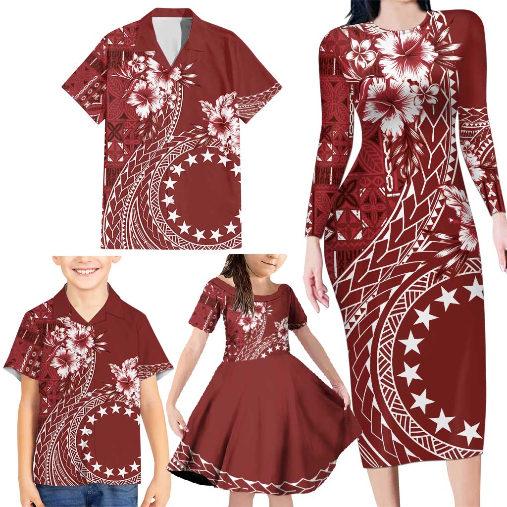 Kia Orana Cook Islands Family Matching Long Sleeve Bodycon Dress and Hawaiian Shirt Tiare and Stars - Scarlet LT7 - Polynesian Pride