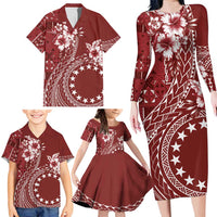 Kia Orana Cook Islands Family Matching Long Sleeve Bodycon Dress and Hawaiian Shirt Tiare and Stars - Scarlet LT7 - Polynesian Pride