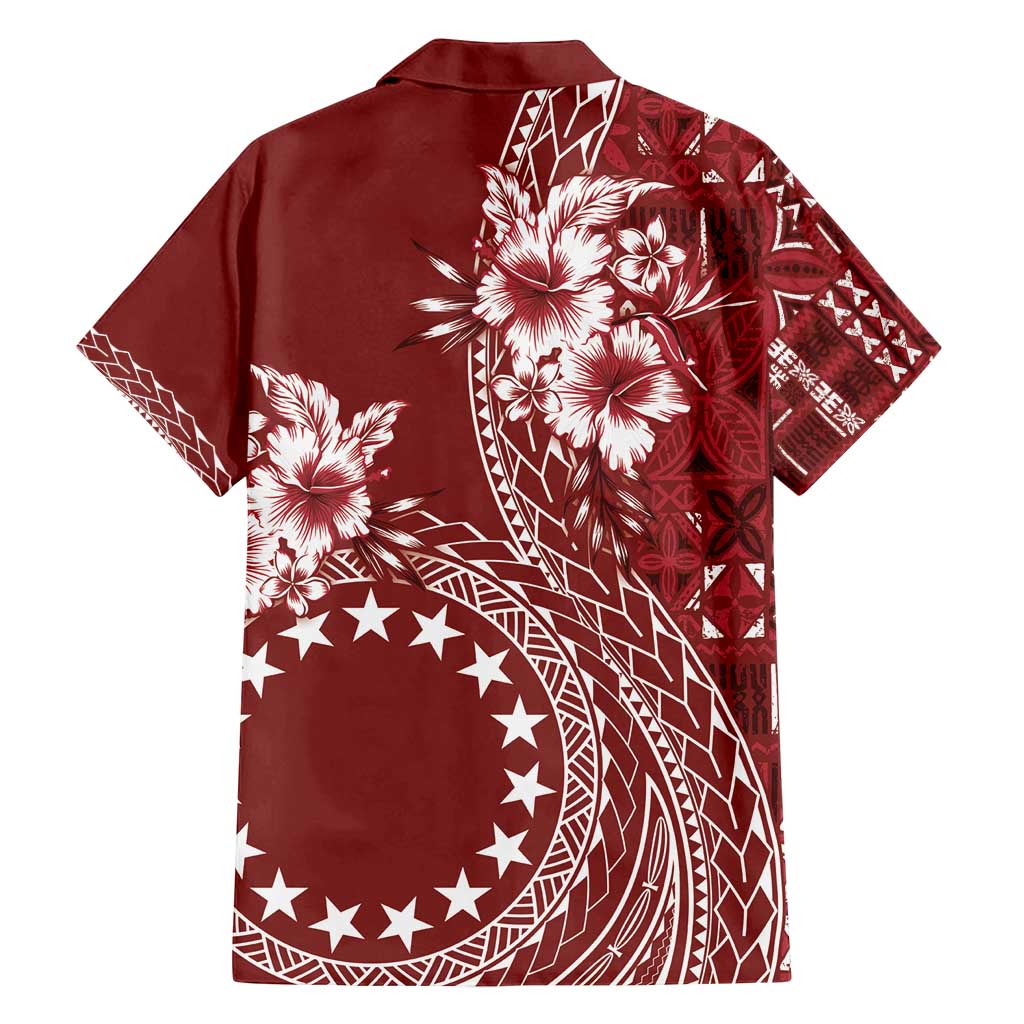 Kia Orana Cook Islands Family Matching Long Sleeve Bodycon Dress and Hawaiian Shirt Tiare and Stars - Scarlet LT7 - Polynesian Pride