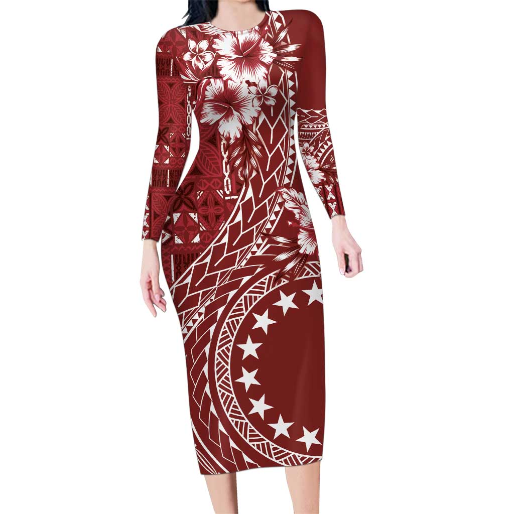 Kia Orana Cook Islands Family Matching Long Sleeve Bodycon Dress and Hawaiian Shirt Tiare and Stars - Scarlet LT7 Mom's Dress Red - Polynesian Pride