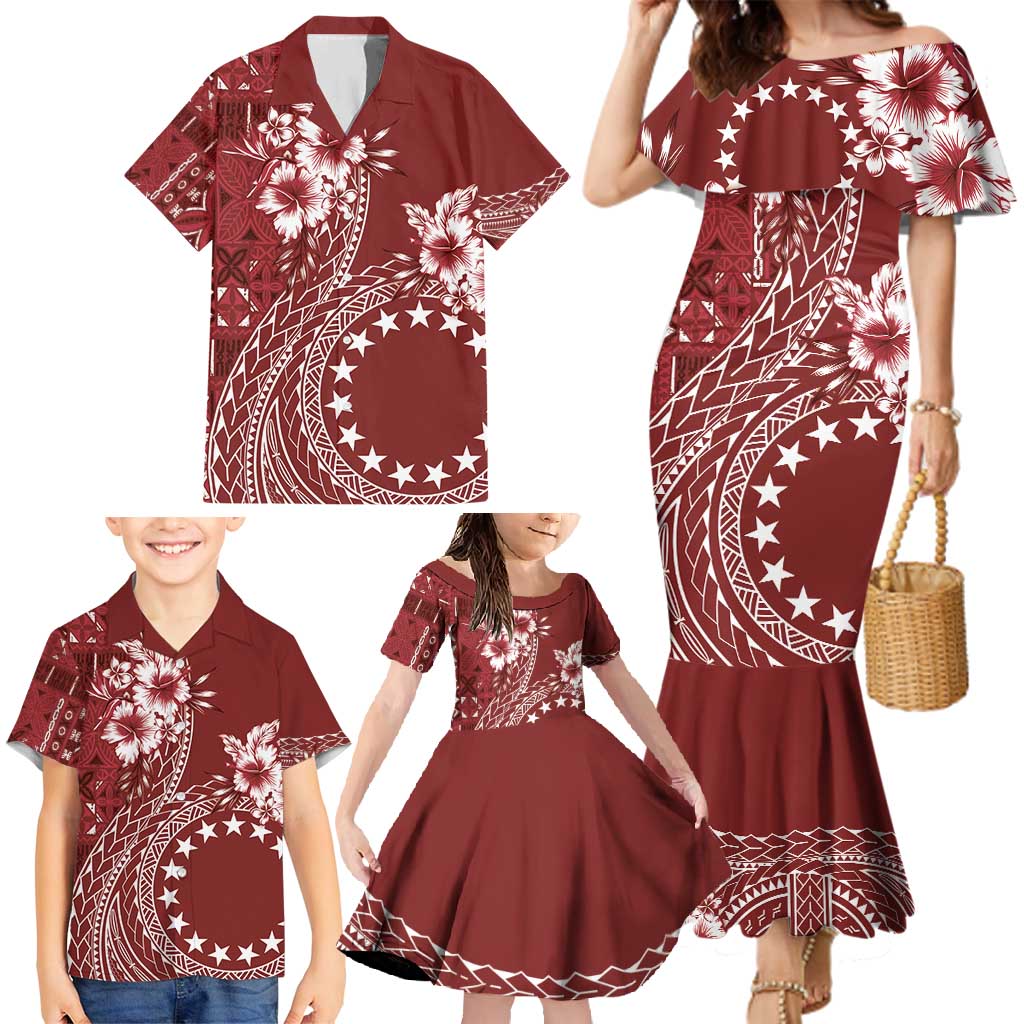 Kia Orana Cook Islands Family Matching Mermaid Dress and Hawaiian Shirt Tiare and Stars - Scarlet LT7 - Polynesian Pride