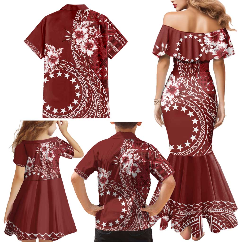 Kia Orana Cook Islands Family Matching Mermaid Dress and Hawaiian Shirt Tiare and Stars - Scarlet LT7 - Polynesian Pride