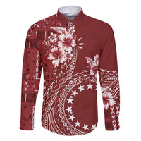 Kia Orana Cook Islands Family Matching Mermaid Dress and Hawaiian Shirt Tiare and Stars - Scarlet LT7 Dad's Shirt - Long Sleeve Red - Polynesian Pride