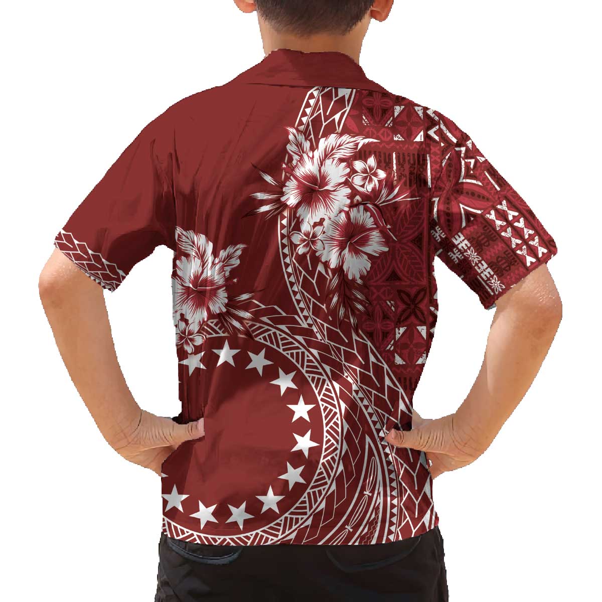 Kia Orana Cook Islands Family Matching Off The Shoulder Long Sleeve Dress and Hawaiian Shirt Tiare and Stars - Scarlet LT7 - Polynesian Pride