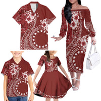 Kia Orana Cook Islands Family Matching Off The Shoulder Long Sleeve Dress and Hawaiian Shirt Tiare and Stars - Scarlet LT7 - Polynesian Pride