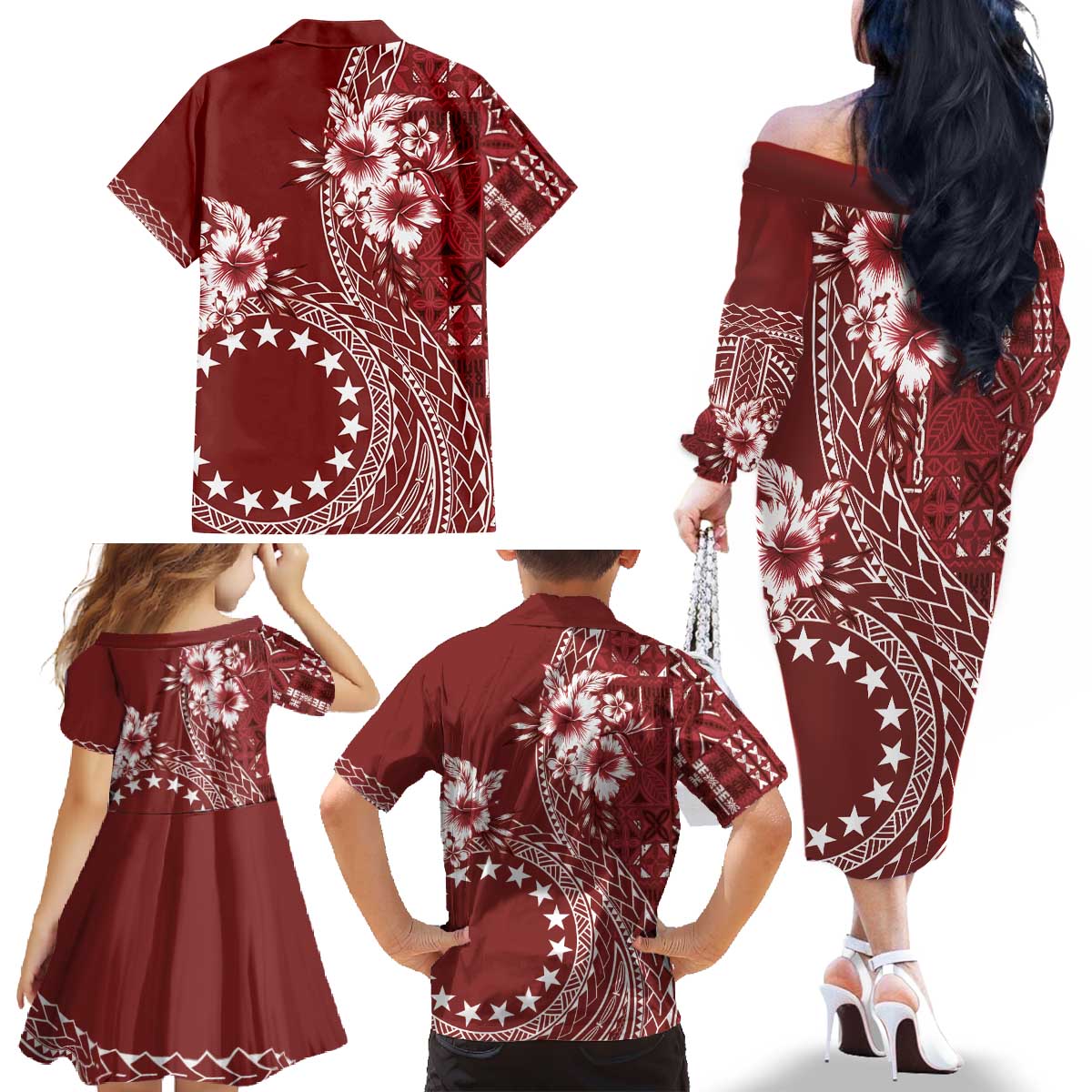 Kia Orana Cook Islands Family Matching Off The Shoulder Long Sleeve Dress and Hawaiian Shirt Tiare and Stars - Scarlet LT7 - Polynesian Pride