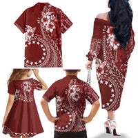 Kia Orana Cook Islands Family Matching Off The Shoulder Long Sleeve Dress and Hawaiian Shirt Tiare and Stars - Scarlet LT7 - Polynesian Pride
