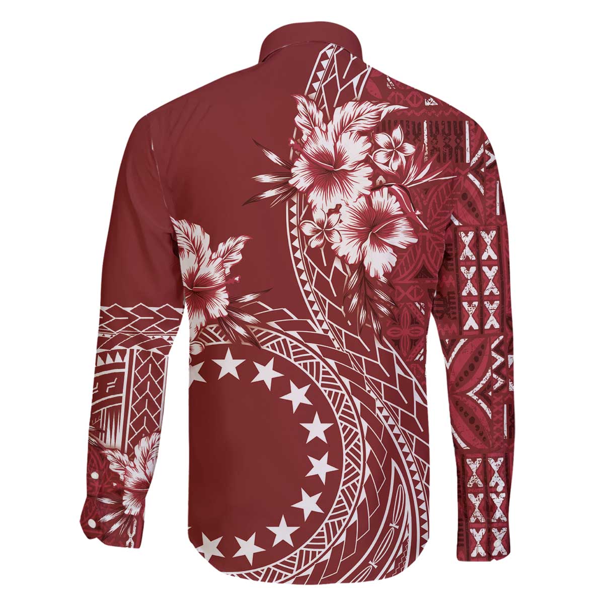 Kia Orana Cook Islands Family Matching Off The Shoulder Long Sleeve Dress and Hawaiian Shirt Tiare and Stars - Scarlet LT7 - Polynesian Pride