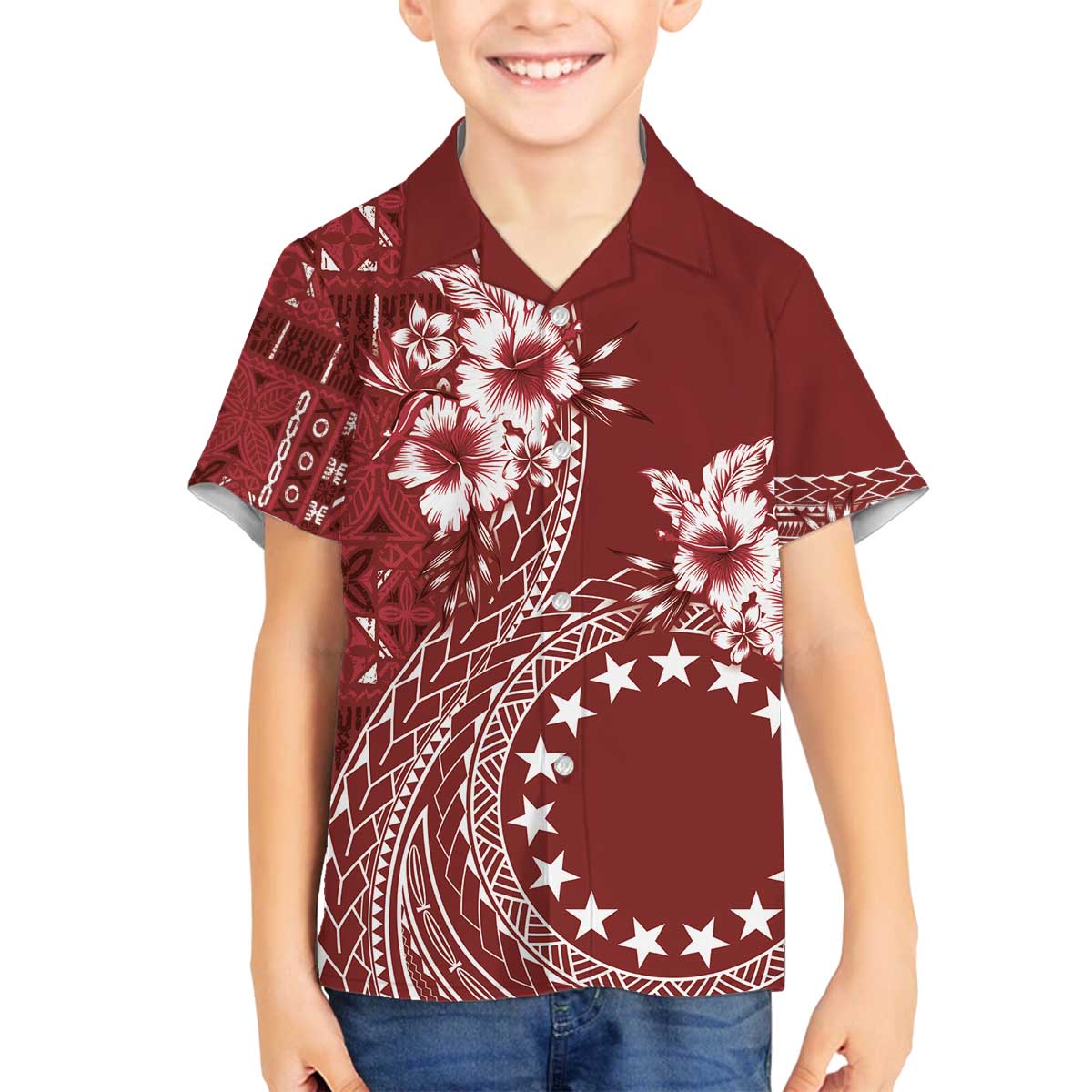 Kia Orana Cook Islands Family Matching Off The Shoulder Long Sleeve Dress and Hawaiian Shirt Tiare and Stars - Scarlet LT7 Son's Shirt Red - Polynesian Pride