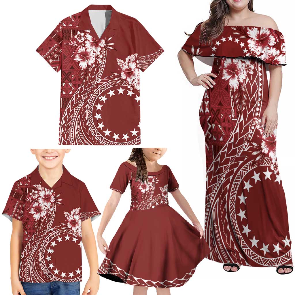 Kia Orana Cook Islands Family Matching Off Shoulder Maxi Dress and Hawaiian Shirt Tiare and Stars - Scarlet LT7 - Polynesian Pride