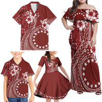 Kia Orana Cook Islands Family Matching Off Shoulder Maxi Dress and Hawaiian Shirt Tiare and Stars - Scarlet LT7 - Polynesian Pride