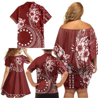 Kia Orana Cook Islands Family Matching Off Shoulder Short Dress and Hawaiian Shirt Tiare and Stars - Scarlet LT7 - Polynesian Pride