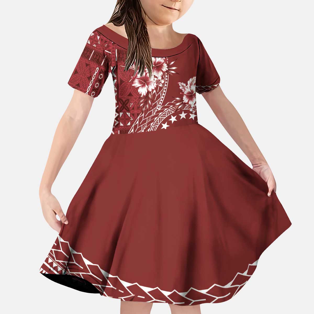 Kia Orana Cook Islands Family Matching Puletasi and Hawaiian Shirt Tiare and Stars - Scarlet LT7 Daughter's Dress Red - Polynesian Pride