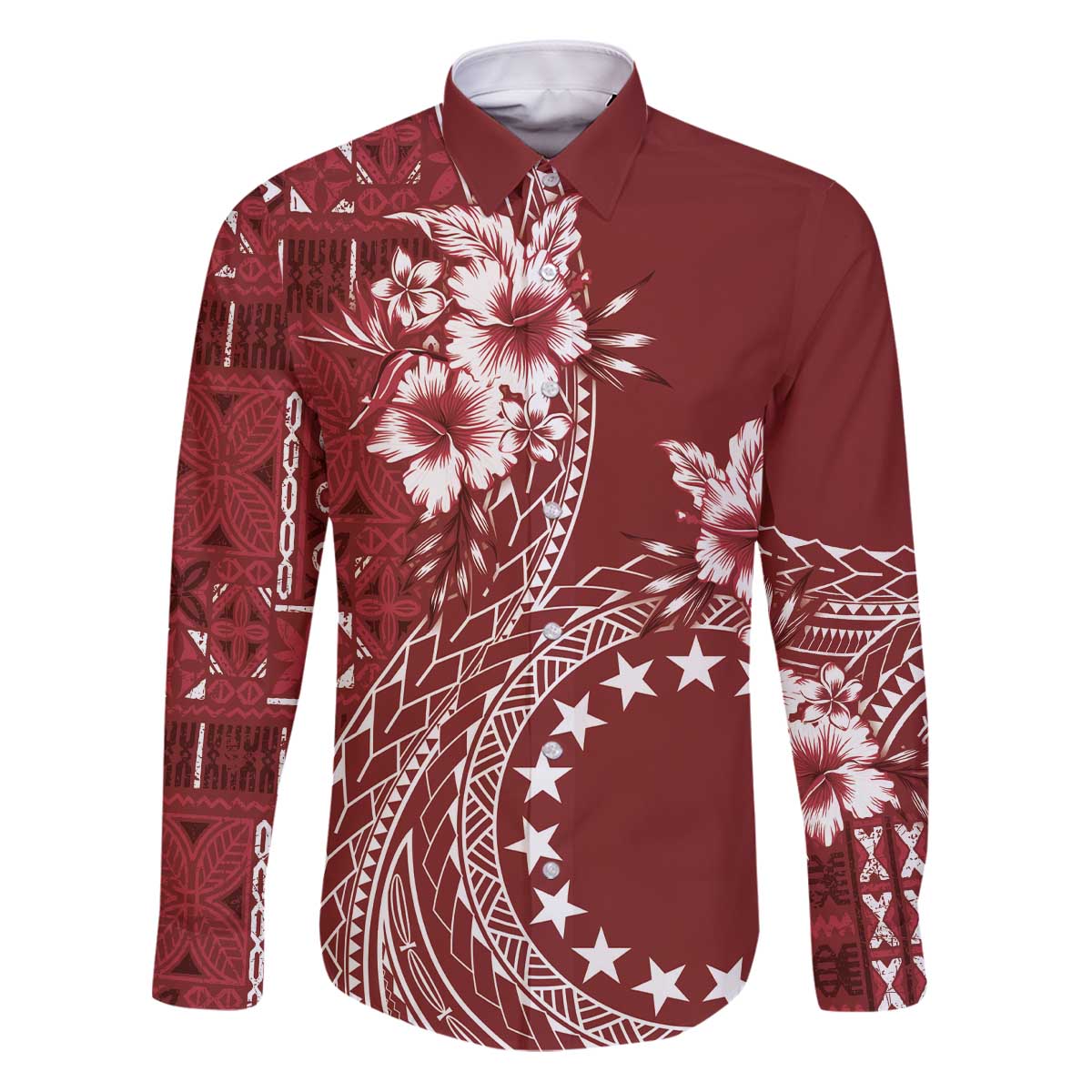 Kia Orana Cook Islands Family Matching Puletasi and Hawaiian Shirt Tiare and Stars - Scarlet LT7 Dad's Shirt - Long Sleeve Red - Polynesian Pride