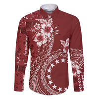 Kia Orana Cook Islands Family Matching Puletasi and Hawaiian Shirt Tiare and Stars - Scarlet LT7 Dad's Shirt - Long Sleeve Red - Polynesian Pride