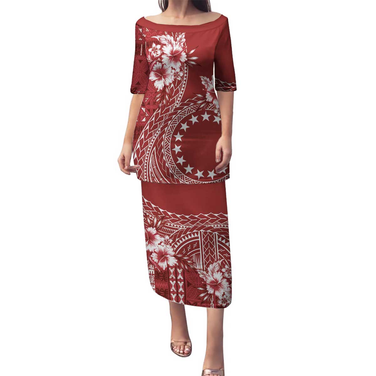 Kia Orana Cook Islands Family Matching Puletasi and Hawaiian Shirt Tiare and Stars - Scarlet LT7 Mom's Dress Red - Polynesian Pride