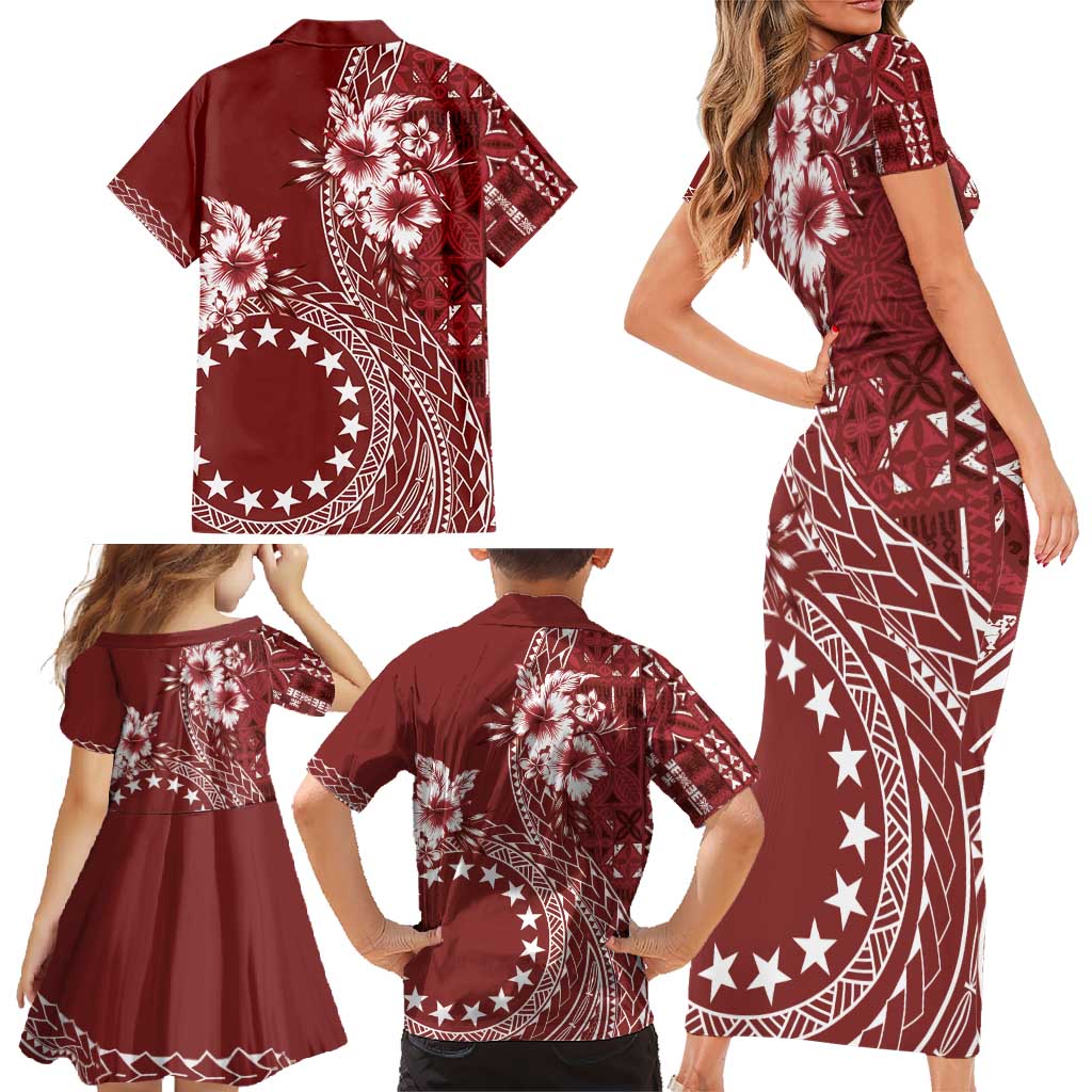 Kia Orana Cook Islands Family Matching Short Sleeve Bodycon Dress and Hawaiian Shirt Tiare and Stars - Scarlet LT7 - Polynesian Pride