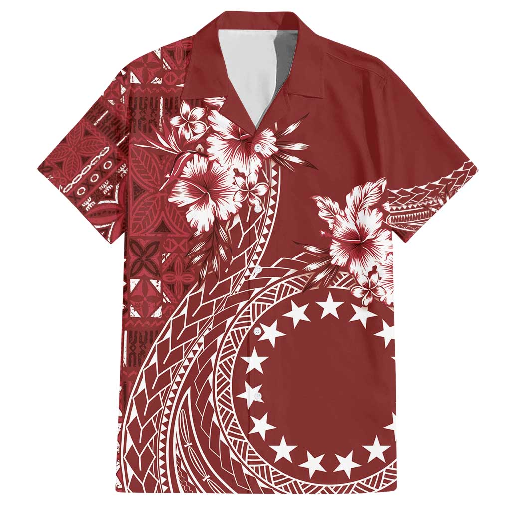 Kia Orana Cook Islands Family Matching Short Sleeve Bodycon Dress and Hawaiian Shirt Tiare and Stars - Scarlet LT7 Dad's Shirt - Short Sleeve Red - Polynesian Pride