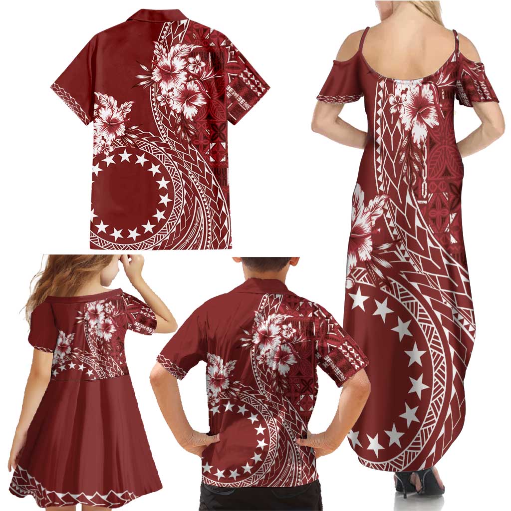 Kia Orana Cook Islands Family Matching Summer Maxi Dress and Hawaiian Shirt Tiare and Stars - Scarlet LT7 - Polynesian Pride