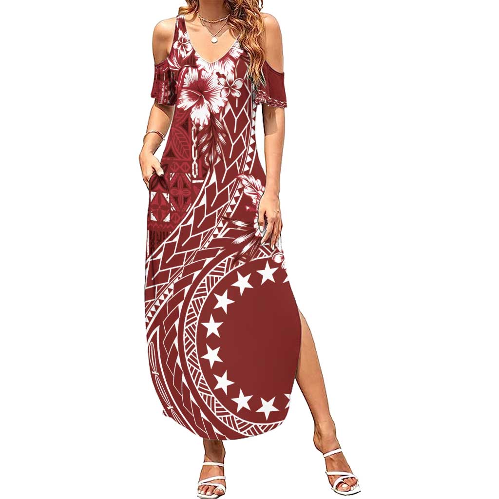 Kia Orana Cook Islands Family Matching Summer Maxi Dress and Hawaiian Shirt Tiare and Stars - Scarlet LT7 Mom's Dress Red - Polynesian Pride