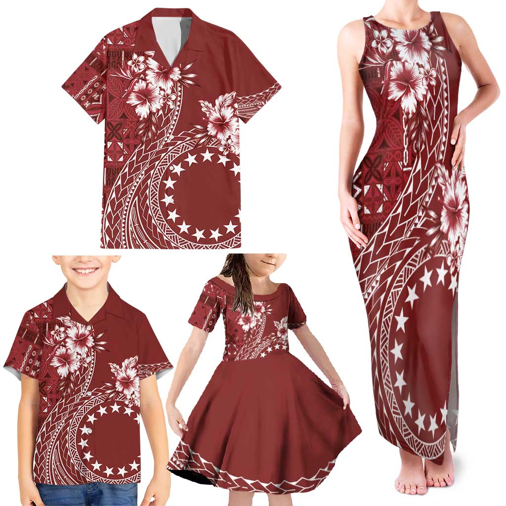 Kia Orana Cook Islands Family Matching Tank Maxi Dress and Hawaiian Shirt Tiare and Stars - Scarlet LT7 - Polynesian Pride