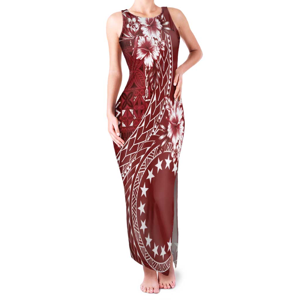 Kia Orana Cook Islands Family Matching Tank Maxi Dress and Hawaiian Shirt Tiare and Stars - Scarlet LT7 Mom's Dress Red - Polynesian Pride