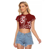 Kia Orana Cook Islands Raglan Cropped T Shirt Tiare and Stars - Scarlet