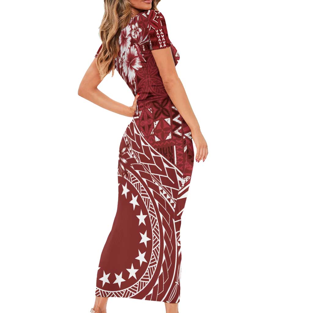 Kia Orana Cook Islands Short Sleeve Bodycon Dress Tiare and Stars - Scarlet