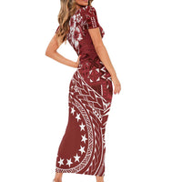 Kia Orana Cook Islands Short Sleeve Bodycon Dress Tiare and Stars - Scarlet
