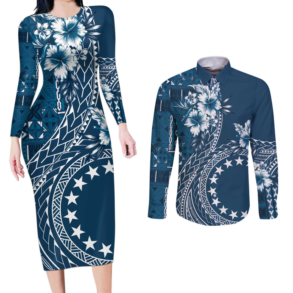 Kia Orana Cook Islands Couples Matching Long Sleeve Bodycon Dress and Long Sleeve Button Shirt Tiare and Stars - Navy Blue LT7 Navy Blue - Polynesian Pride