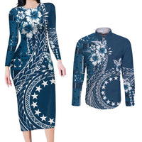 Kia Orana Cook Islands Couples Matching Long Sleeve Bodycon Dress and Long Sleeve Button Shirt Tiare and Stars - Navy Blue LT7 Navy Blue - Polynesian Pride
