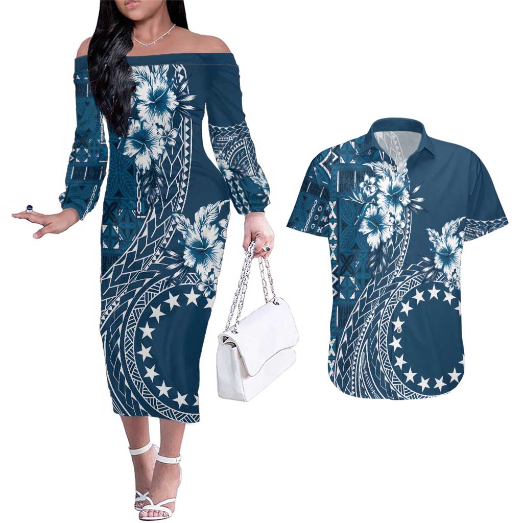 Kia Orana Cook Islands Couples Matching Off The Shoulder Long Sleeve Dress and Hawaiian Shirt Tiare and Stars - Navy Blue LT7 Navy Blue - Polynesian Pride