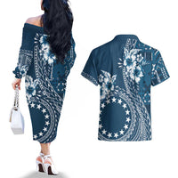 Kia Orana Cook Islands Couples Matching Off The Shoulder Long Sleeve Dress and Hawaiian Shirt Tiare and Stars - Navy Blue LT7 - Polynesian Pride