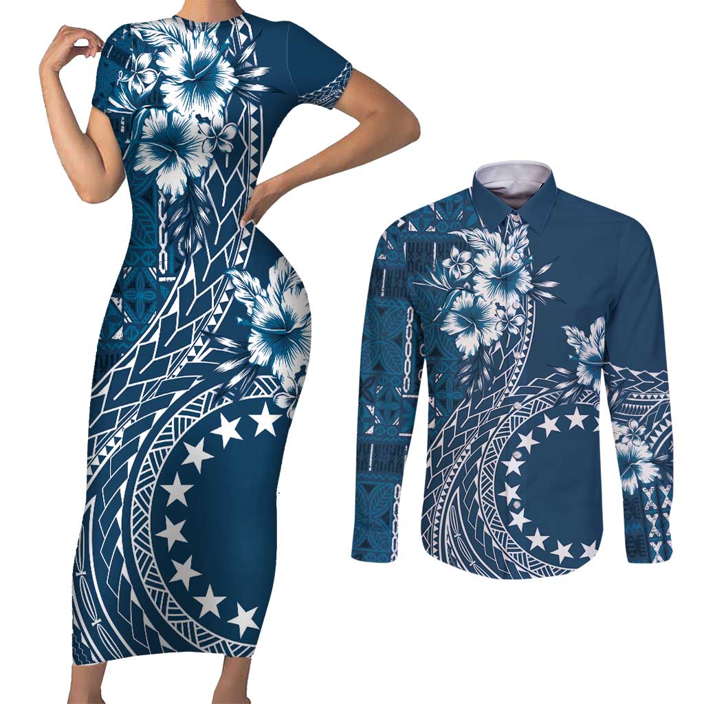 Kia Orana Cook Islands Couples Matching Short Sleeve Bodycon Dress and Long Sleeve Button Shirt Tiare and Stars - Navy Blue LT7 Navy Blue - Polynesian Pride