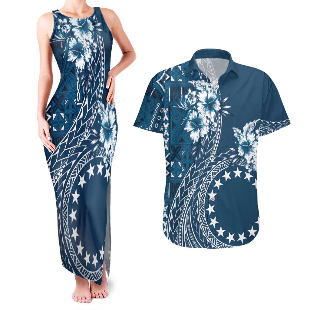 Kia Orana Cook Islands Couples Matching Tank Maxi Dress and Hawaiian Shirt Tiare and Stars - Navy Blue LT7 Navy Blue - Polynesian Pride