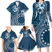 Kia Orana Cook Islands Family Matching Long Sleeve Bodycon Dress and Hawaiian Shirt Tiare and Stars - Navy Blue LT7 - Polynesian Pride