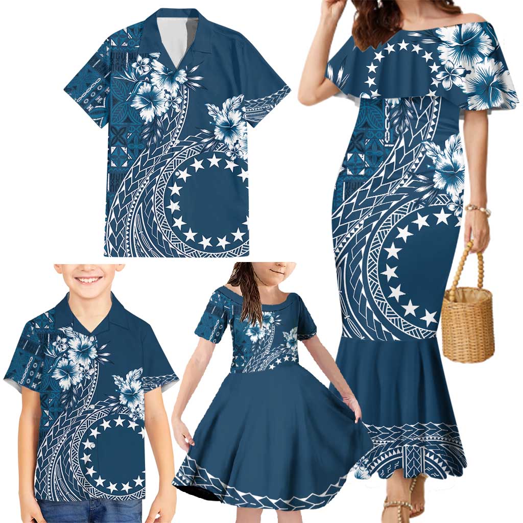 Kia Orana Cook Islands Family Matching Mermaid Dress and Hawaiian Shirt Tiare and Stars - Navy Blue LT7 - Polynesian Pride