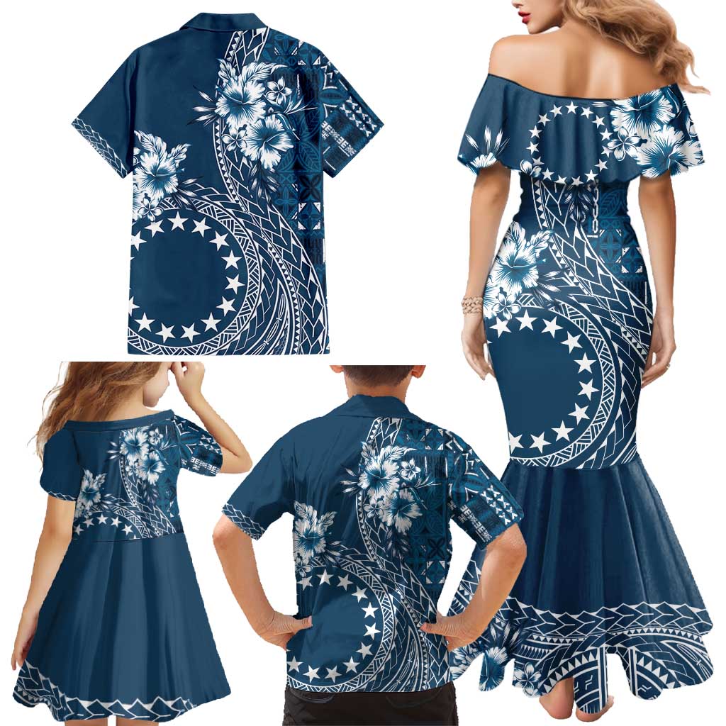 Kia Orana Cook Islands Family Matching Mermaid Dress and Hawaiian Shirt Tiare and Stars - Navy Blue LT7 - Polynesian Pride