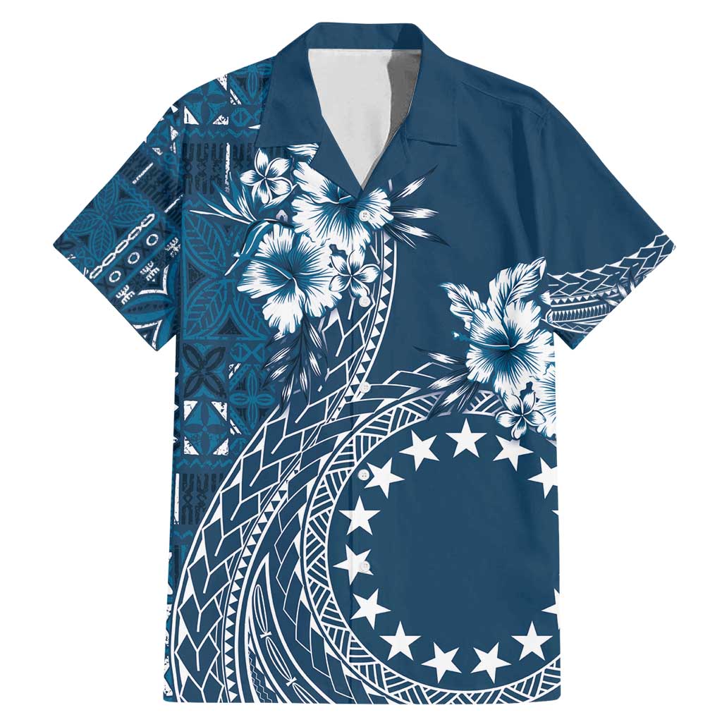 Kia Orana Cook Islands Family Matching Mermaid Dress and Hawaiian Shirt Tiare and Stars - Navy Blue LT7 Dad's Shirt - Short Sleeve Navy Blue - Polynesian Pride