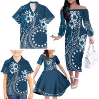 Kia Orana Cook Islands Family Matching Off The Shoulder Long Sleeve Dress and Hawaiian Shirt Tiare and Stars - Navy Blue LT7 - Polynesian Pride