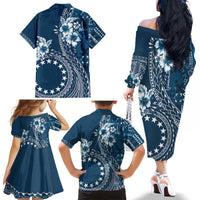 Kia Orana Cook Islands Family Matching Off The Shoulder Long Sleeve Dress and Hawaiian Shirt Tiare and Stars - Navy Blue LT7 - Polynesian Pride