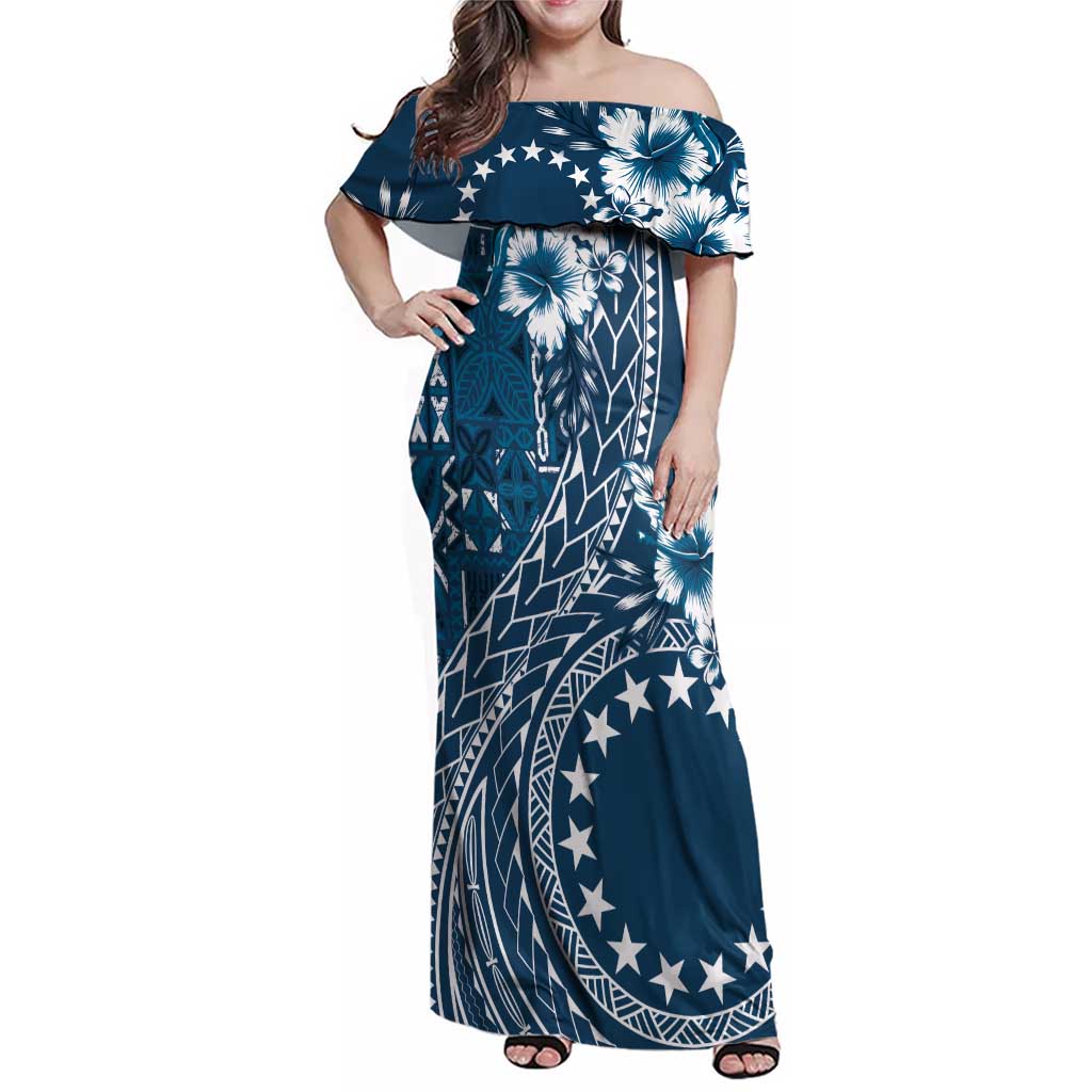 Kia Orana Cook Islands Family Matching Off Shoulder Maxi Dress and Hawaiian Shirt Tiare and Stars - Navy Blue LT7 Mom's Dress Navy Blue - Polynesian Pride