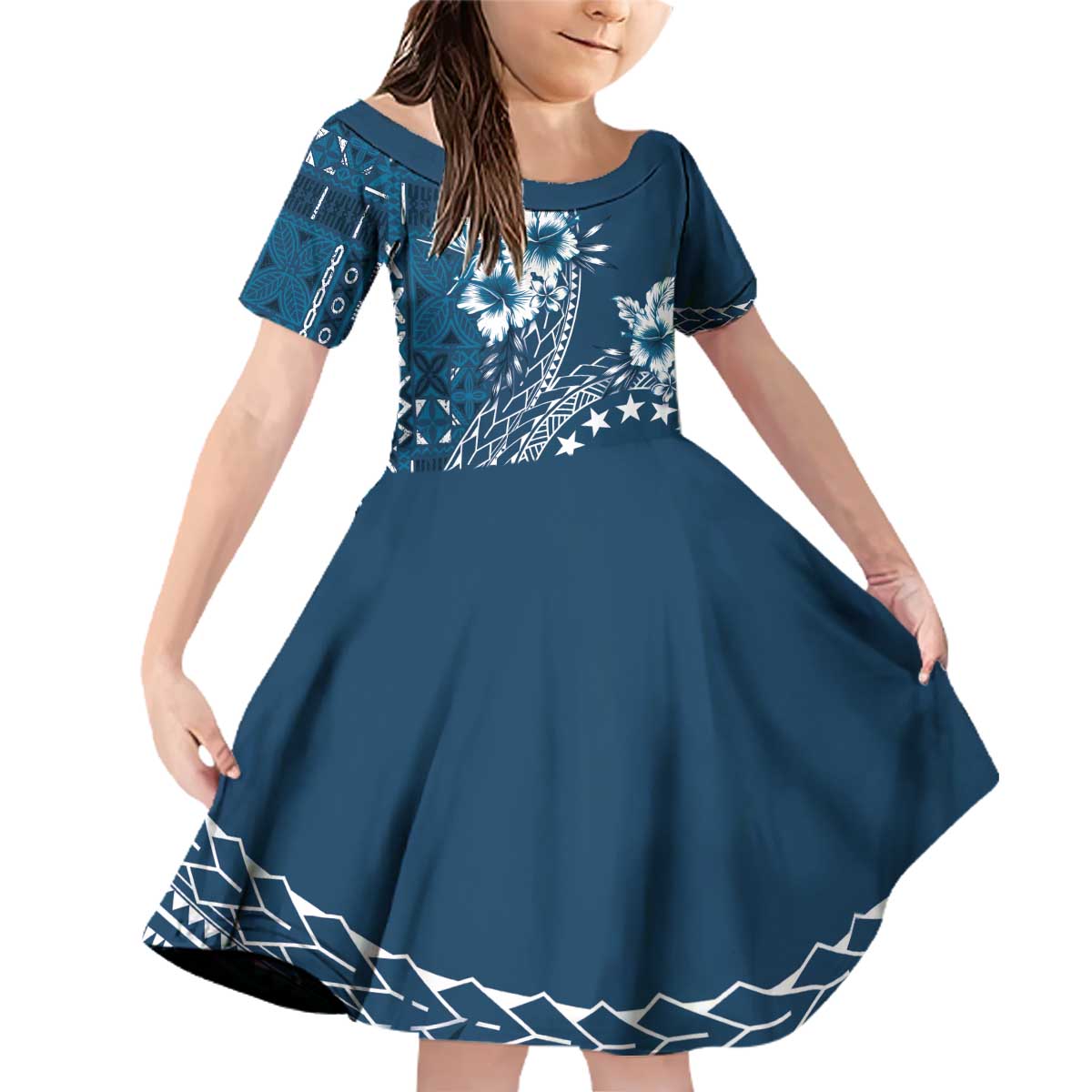 Kia Orana Cook Islands Family Matching Off Shoulder Short Dress and Hawaiian Shirt Tiare and Stars - Navy Blue LT7 Daughter's Dress Navy Blue - Polynesian Pride