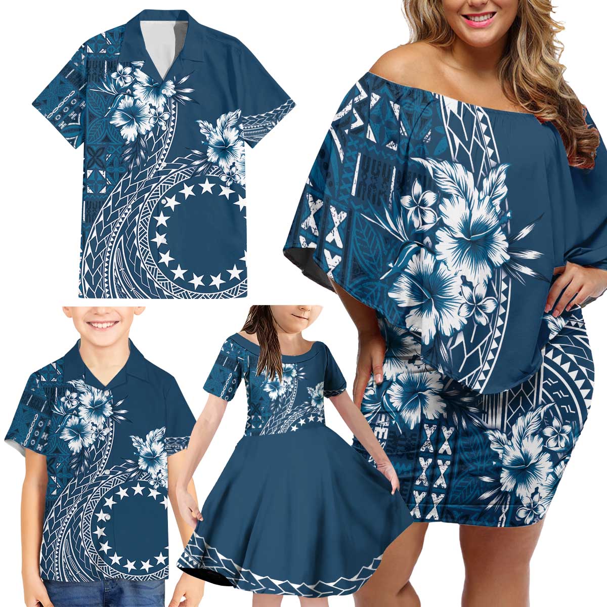 Kia Orana Cook Islands Family Matching Off Shoulder Short Dress and Hawaiian Shirt Tiare and Stars - Navy Blue LT7 - Polynesian Pride