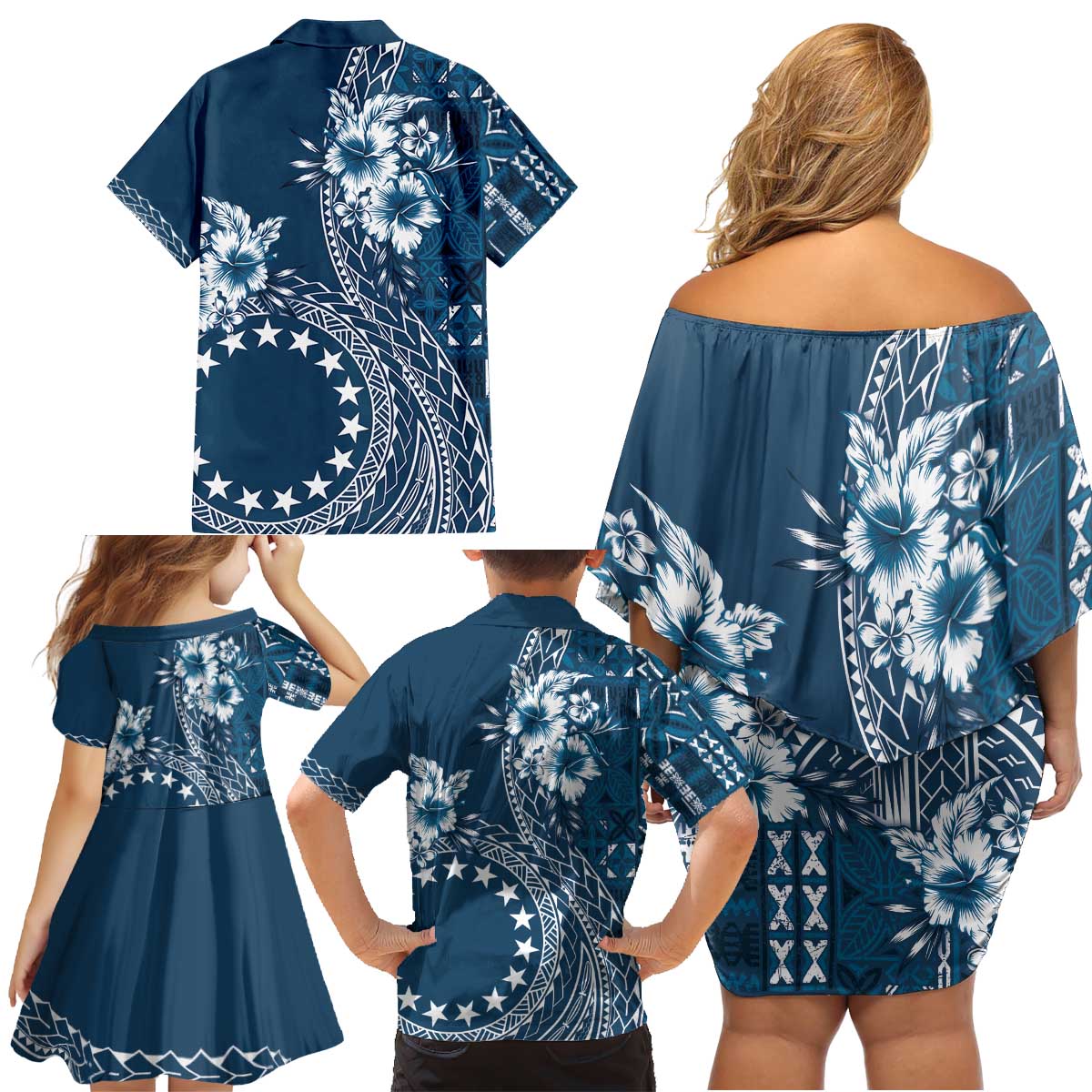 Kia Orana Cook Islands Family Matching Off Shoulder Short Dress and Hawaiian Shirt Tiare and Stars - Navy Blue LT7 - Polynesian Pride